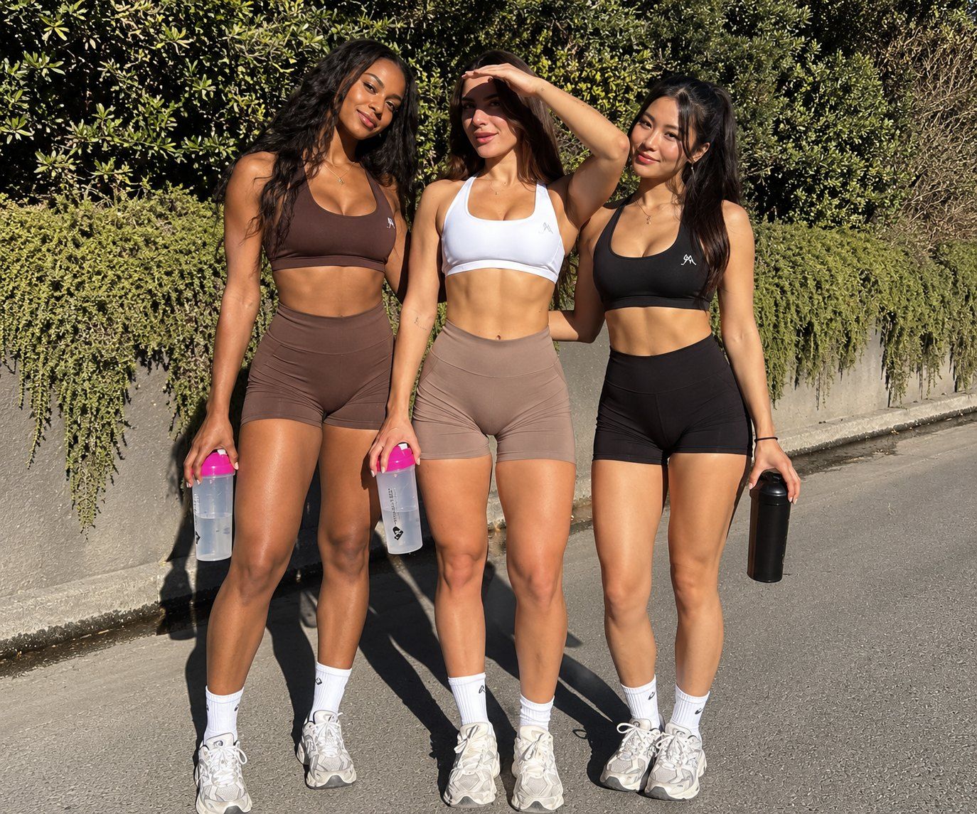Three women in workout clothes smiling in the sun after training