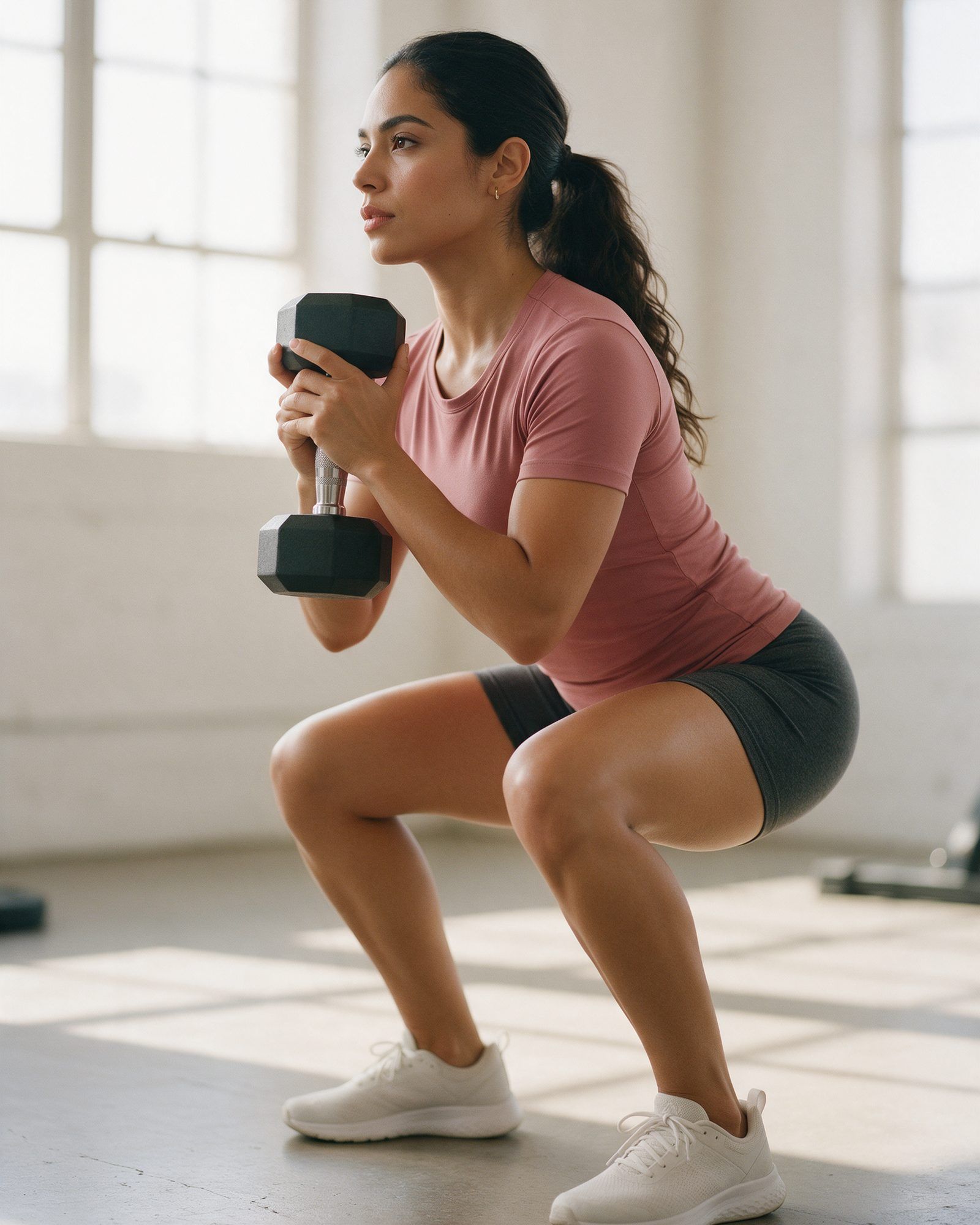 A woman setting up for a strength session in a bright studio