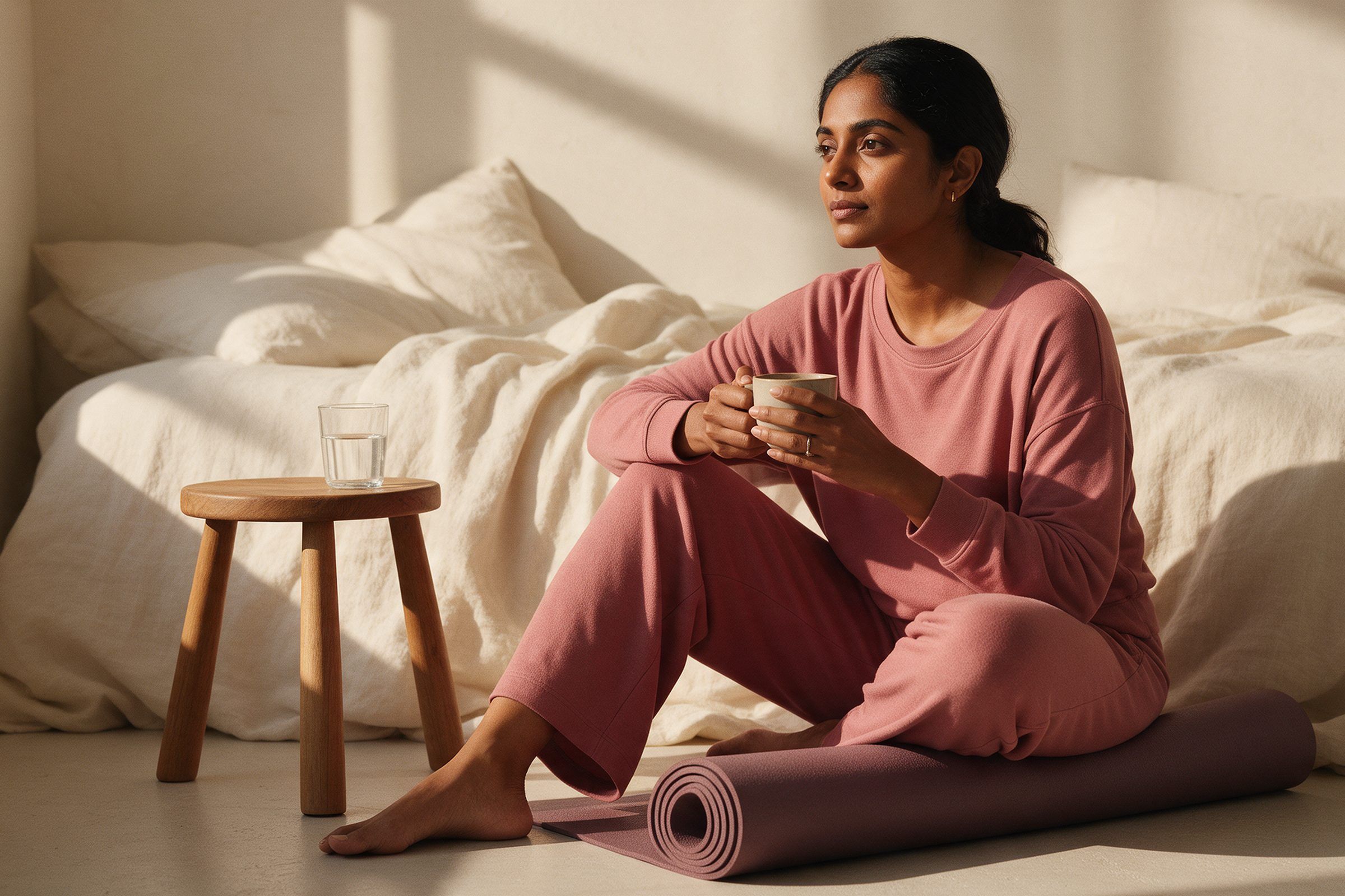 A woman relaxing on a mat in a calm, light-filled room